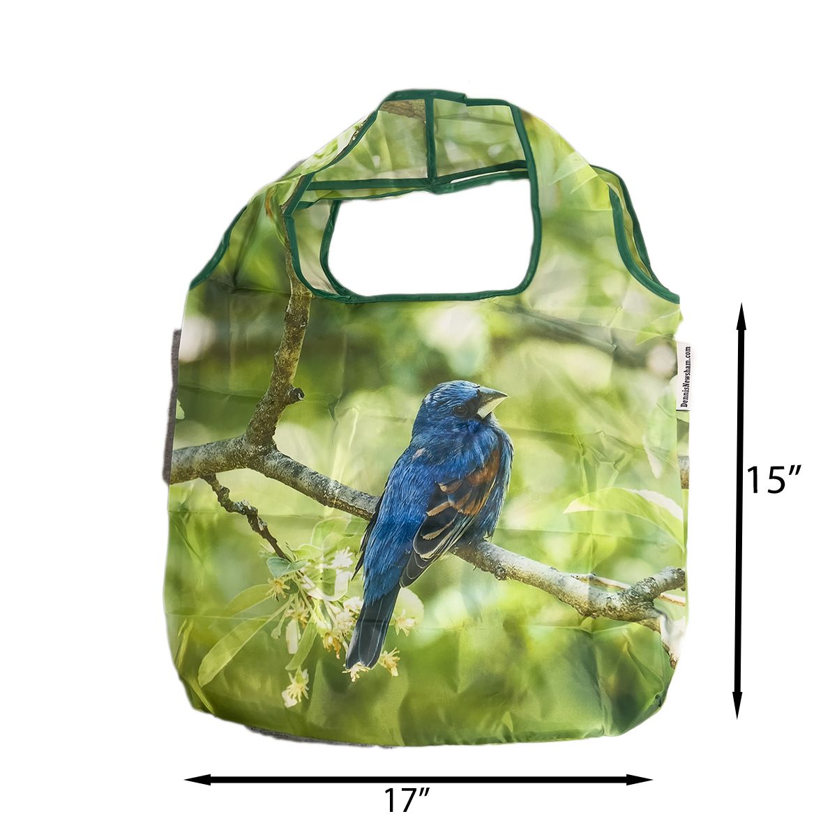 Blue Grosbeak reusable shopping bag laid flat, 15 by 17 inches not including handle – NYC wildlife photo by Dennis Newsham