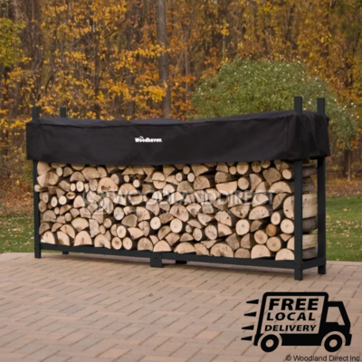 Doc's Black 8' Firewood Rack with Cover and Fireplace Cord Bundle