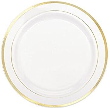 White Plastic Round Plates with Gold Rim /10Pcs