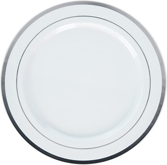 White Plastic Round Plates with Silver Rim /10Pcs