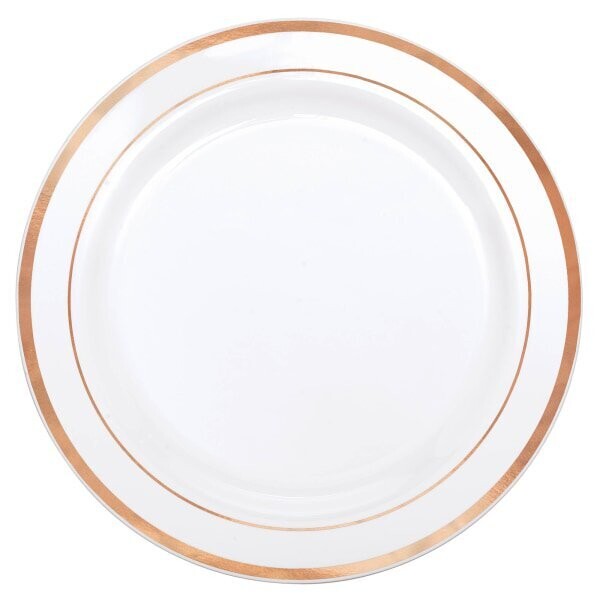 White Plastic Round Plates With Rose Gold Rim /10Pcs