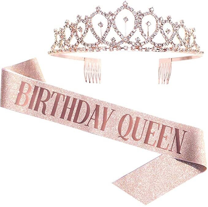 Birthday Queen Sash &amp; Rhinestone Tiara - Rose Gold