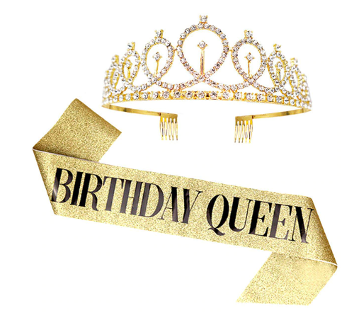 Birthday Queen Sash &amp; Rhineston Tiara - Gold