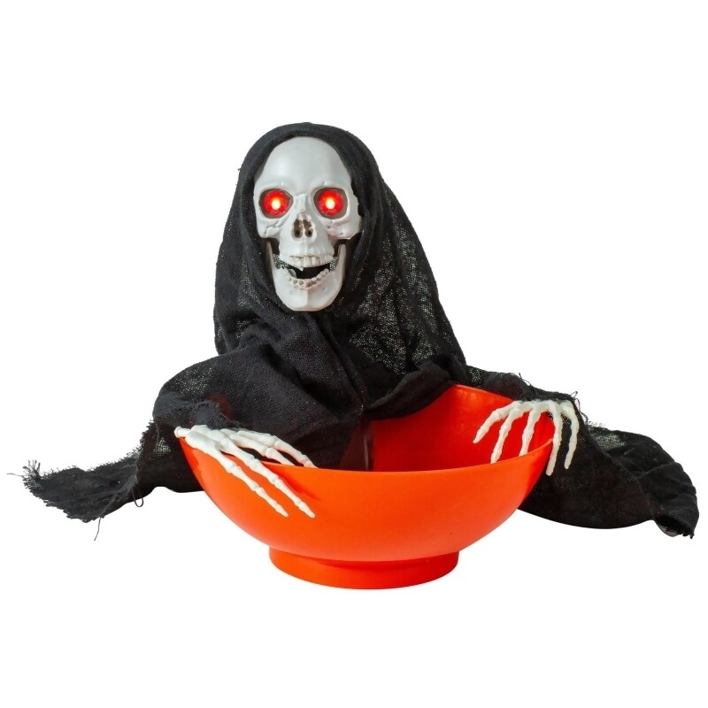 Large Plastic Skull Candy Bowl with Creepy Moving Skeleton Light Up Eyes