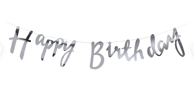 Metallic Silver Cursive Happy Birthday Banner