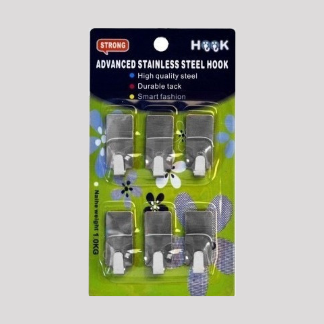 Adhesive Stainless Steel Small Rectangular Hooks /6Pack