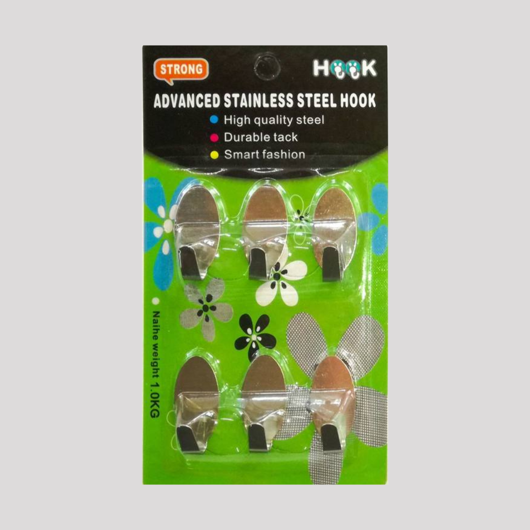 Adhesive Stainless Steel Small Oval Hooks /6 Pack