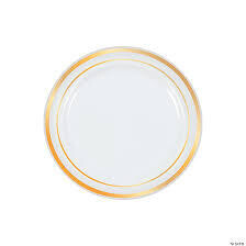 Desert White Plastic Round Plates with Gold Rim /10Pcs