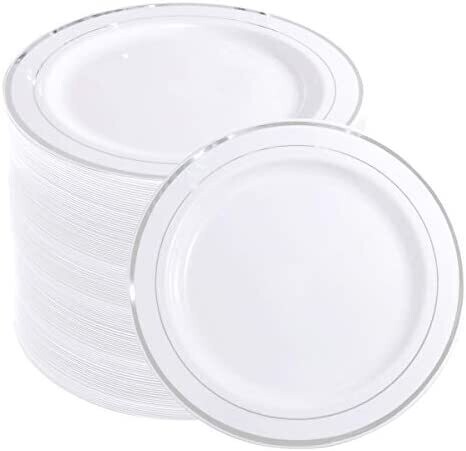 Desert White Plastic Round Plates with Silver Rim /10Pcs