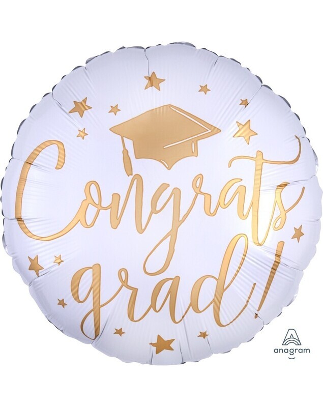 Round Congrats Grad White &amp; Gold Foil Balloon