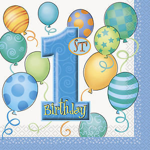 Beverage Napkins 1st Birthday Balloons Blue /16Pcs