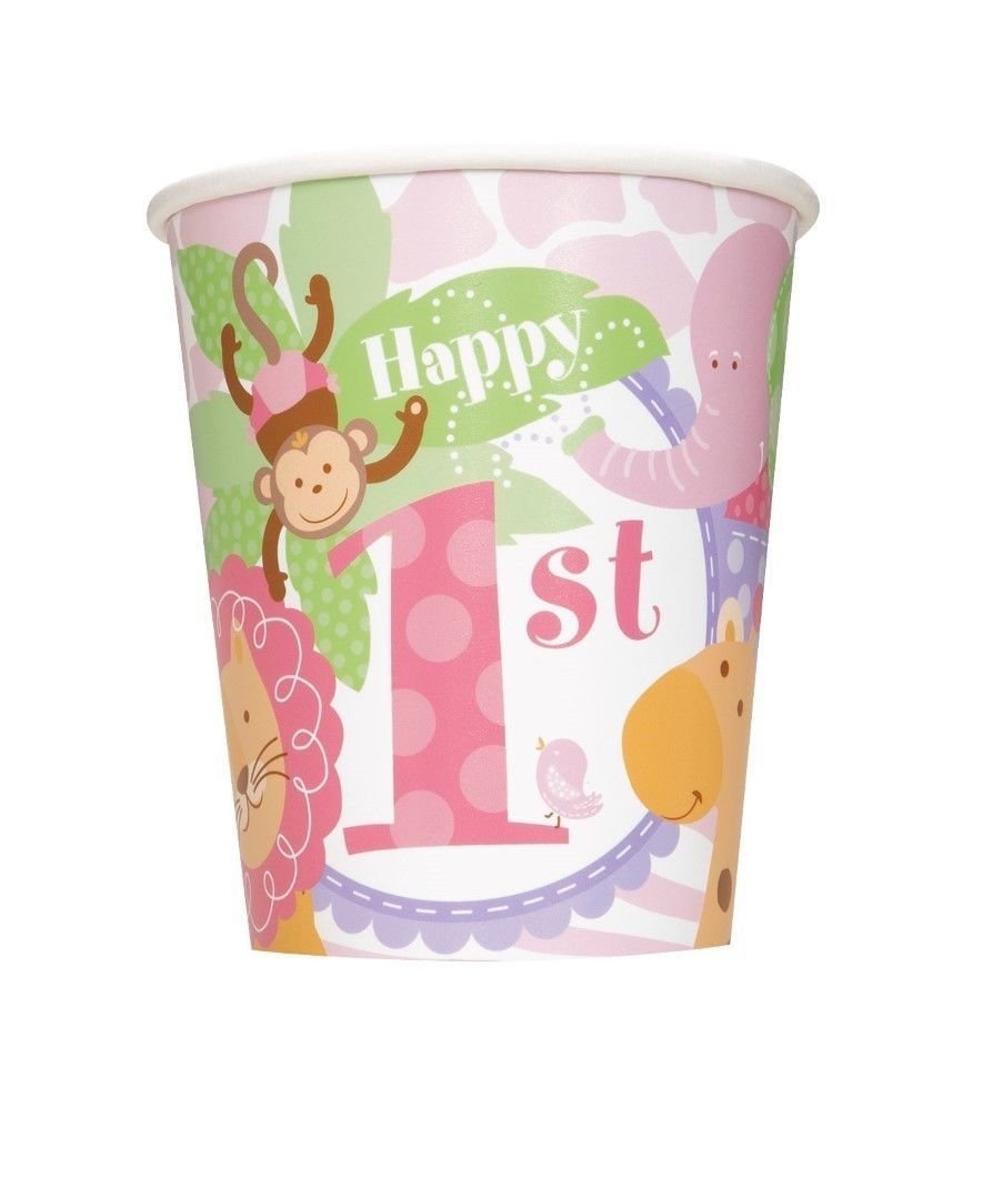 Pink Safari 1st Birthday Cups /8Pcs