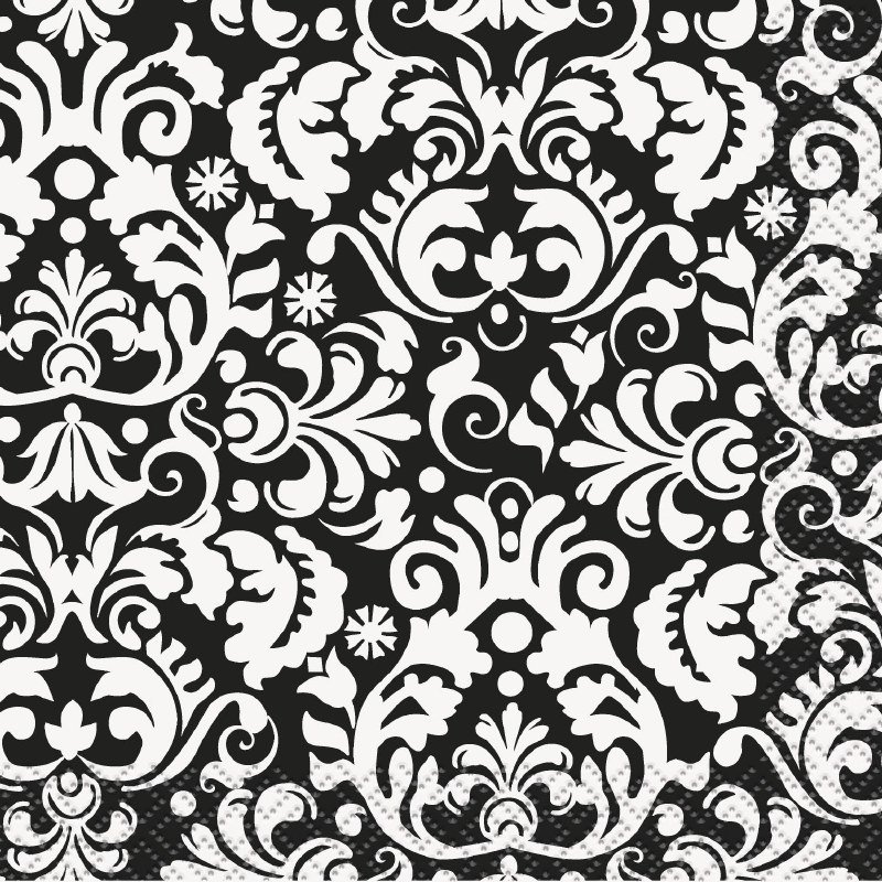 Black Damask Beverage Napkins /16Pcs