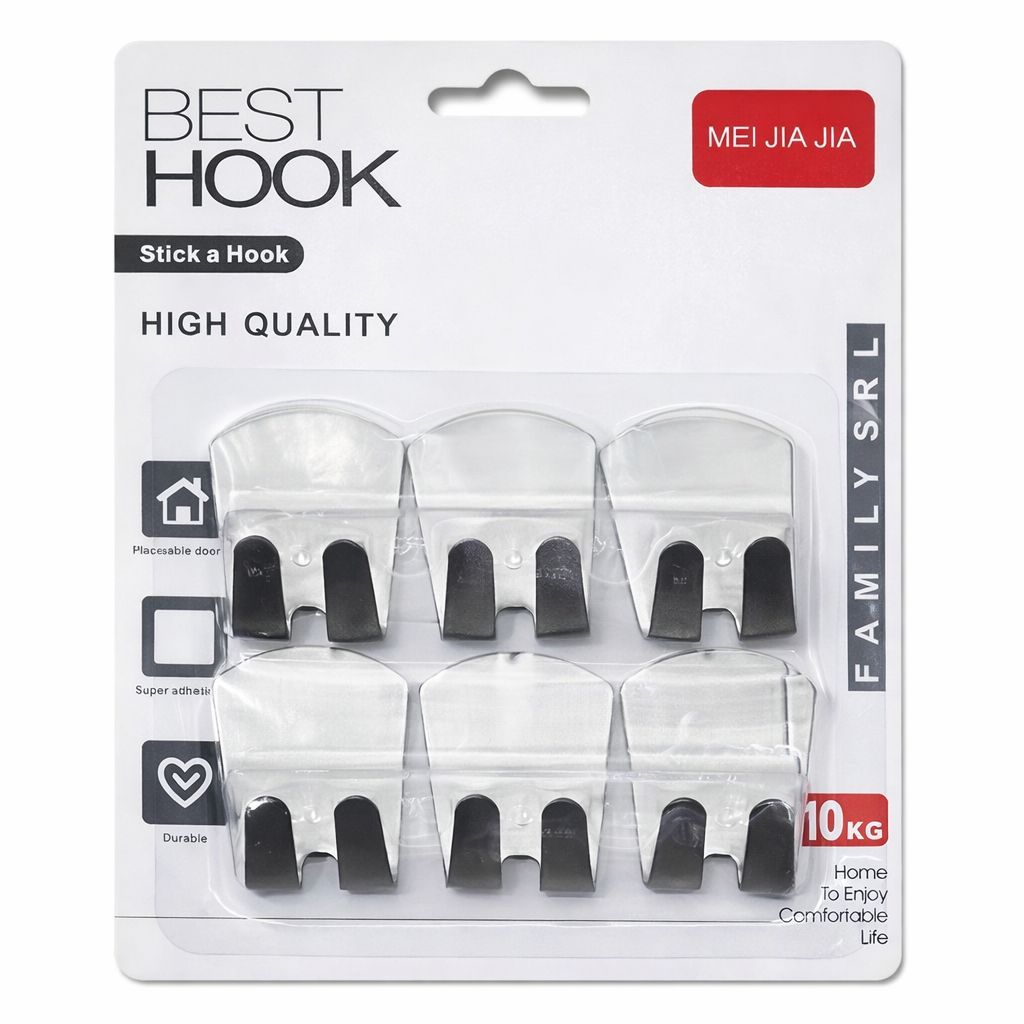 Adhesive Stainless Steel Big Rectangular Hooks /6 Pack