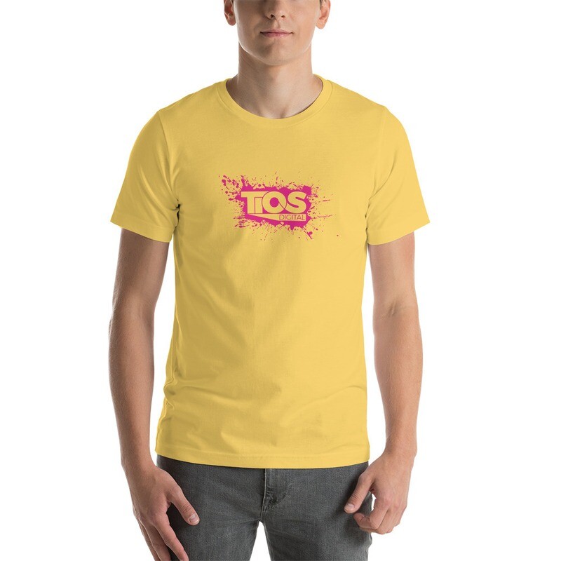 NEW TiOS Digital &quot;PAINTED&quot; (Yellow Material, Pink Logo) Short-Sleeve Unisex T-Shirt, Size: S