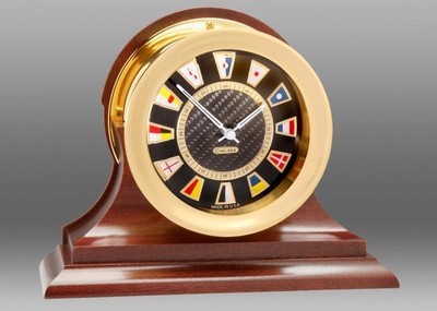Carbon Fiber Flag Clock, Brass,Traditional Mahogany Base