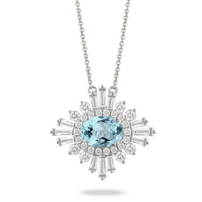 18K WHITE GOLD DIAMOND & AQUAMARINE NECKLACE