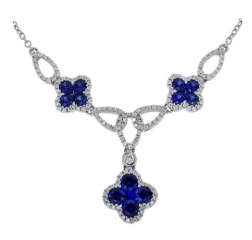 Gregg Ruth 18KT White Gold Cloverleaf Diamond and Blue Sapphire Necklace