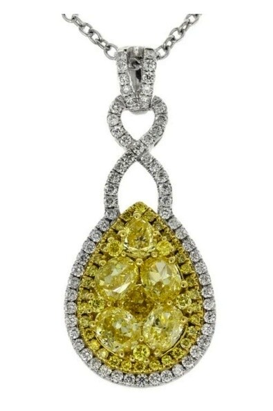 Gregg Ruth 18KT White Gold Necklace WIth Natural Fancy Yellow Diamond Pear Cluster and Diamonds