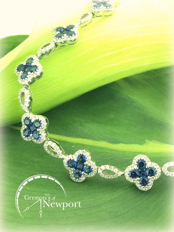 Gregg Ruth 18KT White Gold Cloverleaf Blue Sapphire Diamond Bracelet