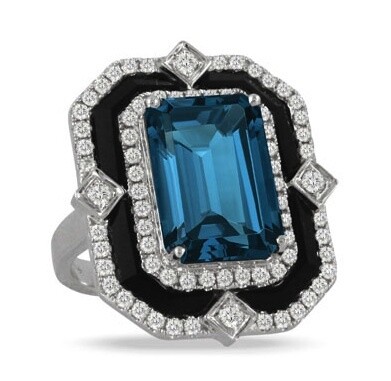 18KT White Gold Diamond Ring With London Blue Topaz and Black Onyx