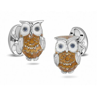 Sterling Silver Brown Owl Cufflinks with Sapphire Eyes
