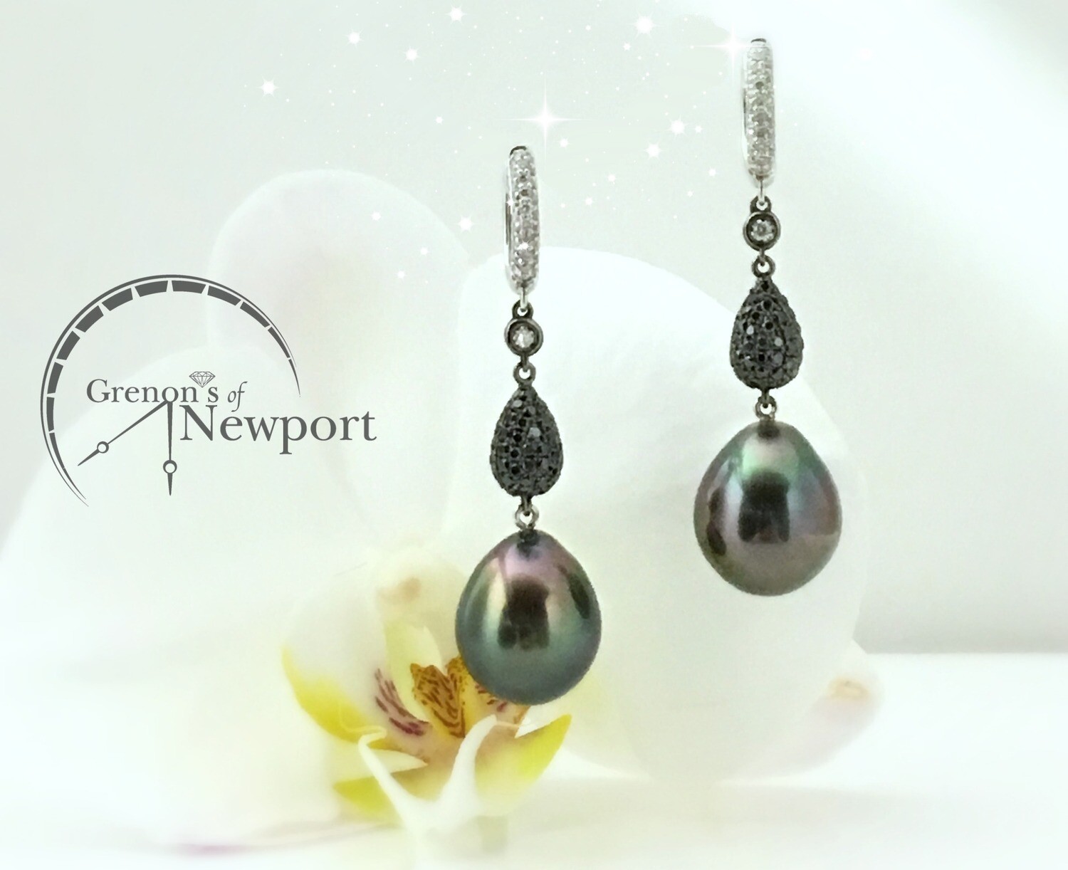 18KT White Gold Tahitian Pearl Drop Earrings with Black and White diamonds