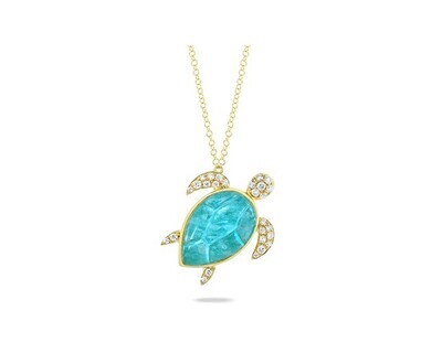 18K YELLOW GOLD TURTLE DIAMOND NECKLACE WITH CLEAR QUARTZ OVER AMAZONITE