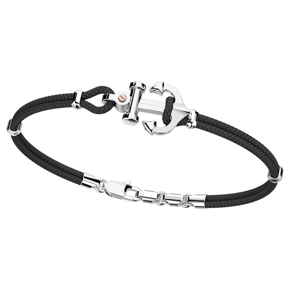 Small silver anchor with black rope bracelet