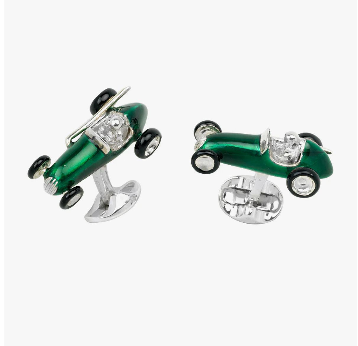 Sterling Silver Race Car Green Enamel Cufflinks