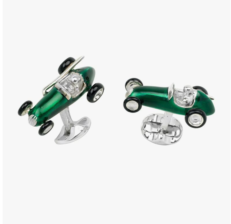Sterling Silver Race Car Green Enamel Cufflinks
