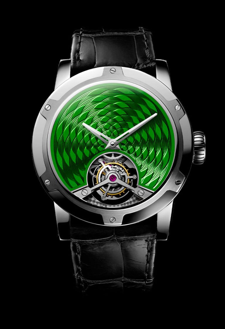 Tourbillion Illusion Emerald Green Water circles 18K White Gold Unique timepiece