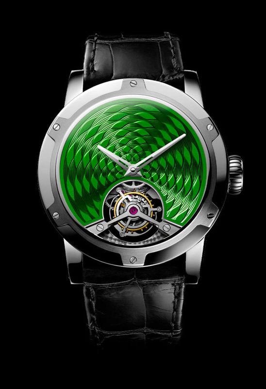 Tourbillion Illusion Emerald Green Water circles 18K White Gold Unique timepiece Tourbillion Illusion Emerald Green Water circles 18K White Gold Unique timepiece