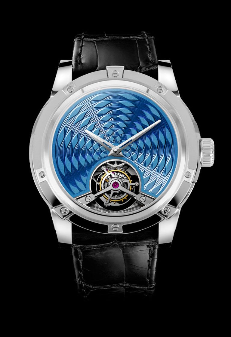 Tourbillion Illusion Dial Azure Blue Water circles 18K White Gold Unique timepiece 47mm
