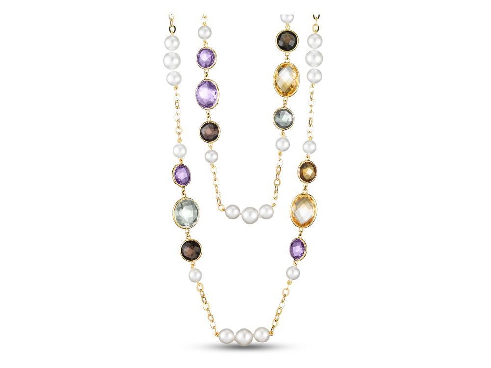 18KT Yellow Gold Freshwater Pearl Chain Necklace with Amethyst, Citrine, Blue Topaz & Smoky Quartz