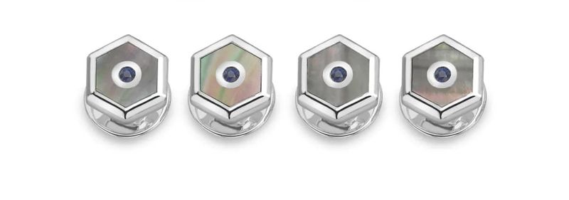 Sterling Silver Hexagonal Grey Mother-Of-Pearl And Sapphire Stud Set
