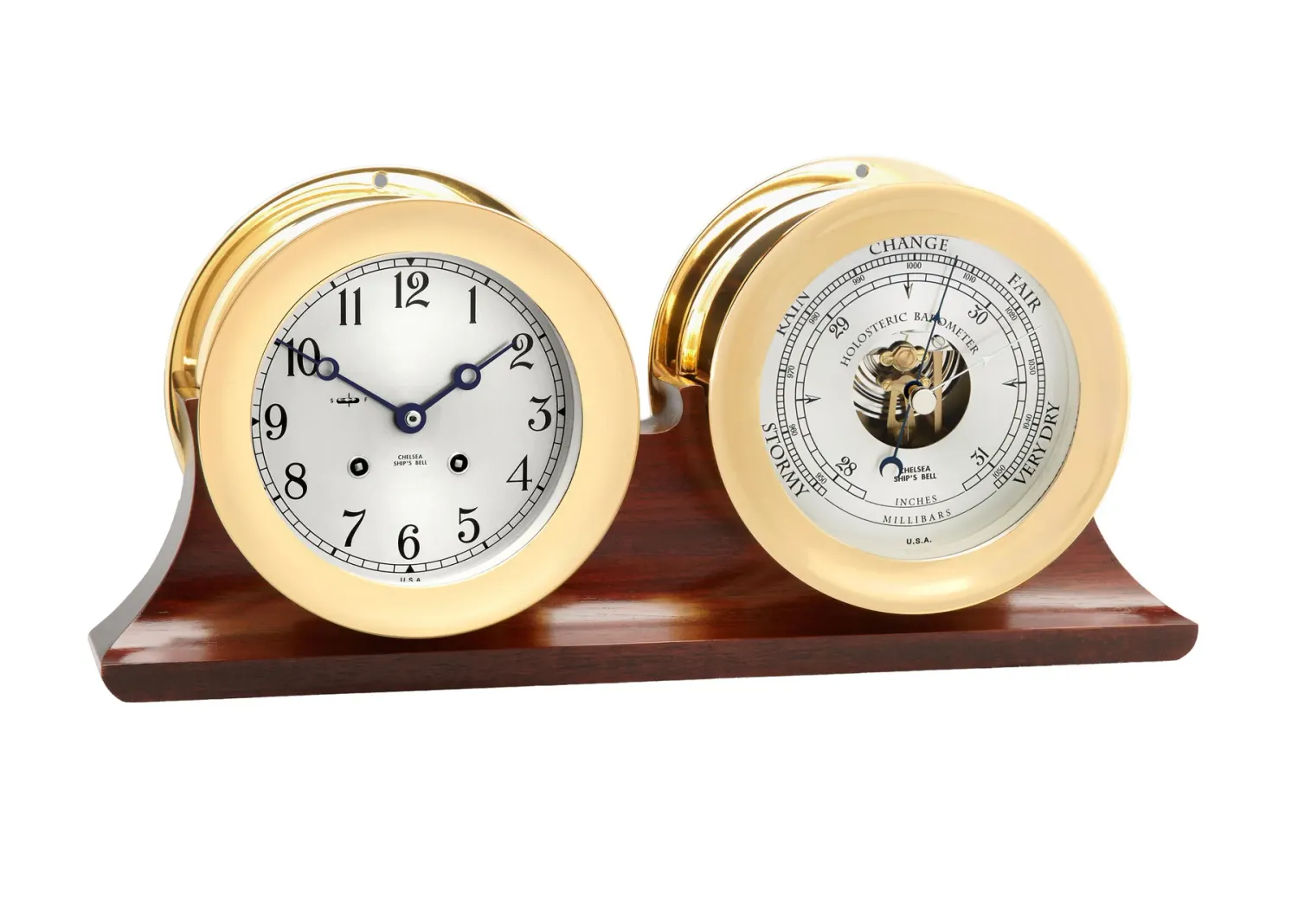 4 1/2 4 1/2" Ship's Bell Clock and Barometer in Brass on Double Base