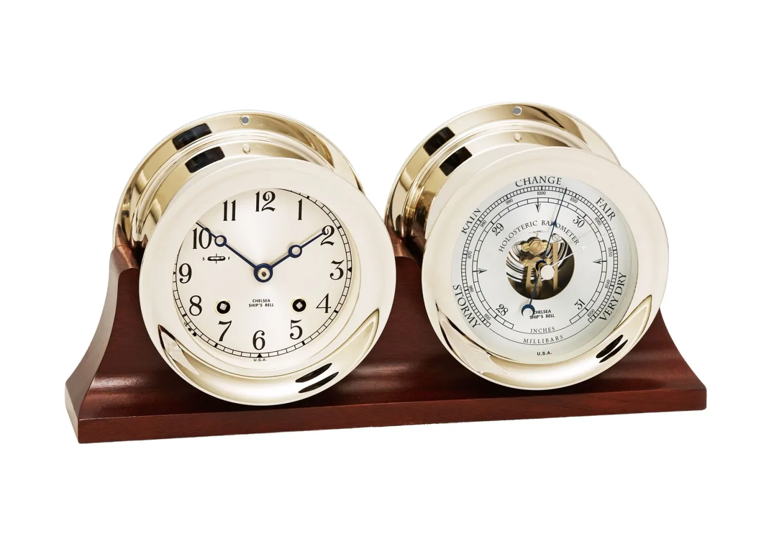 4 1/2 4 1/2" Ship's Bell Clock & Barometer in Nickel on Double Base