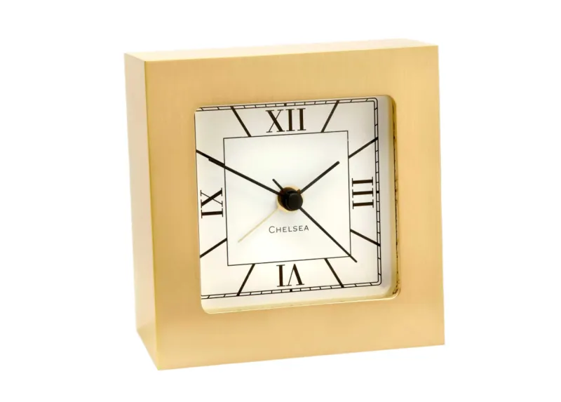 Square Desk Alarm Clock in Brass with Glow-in-the-Dark Hands
