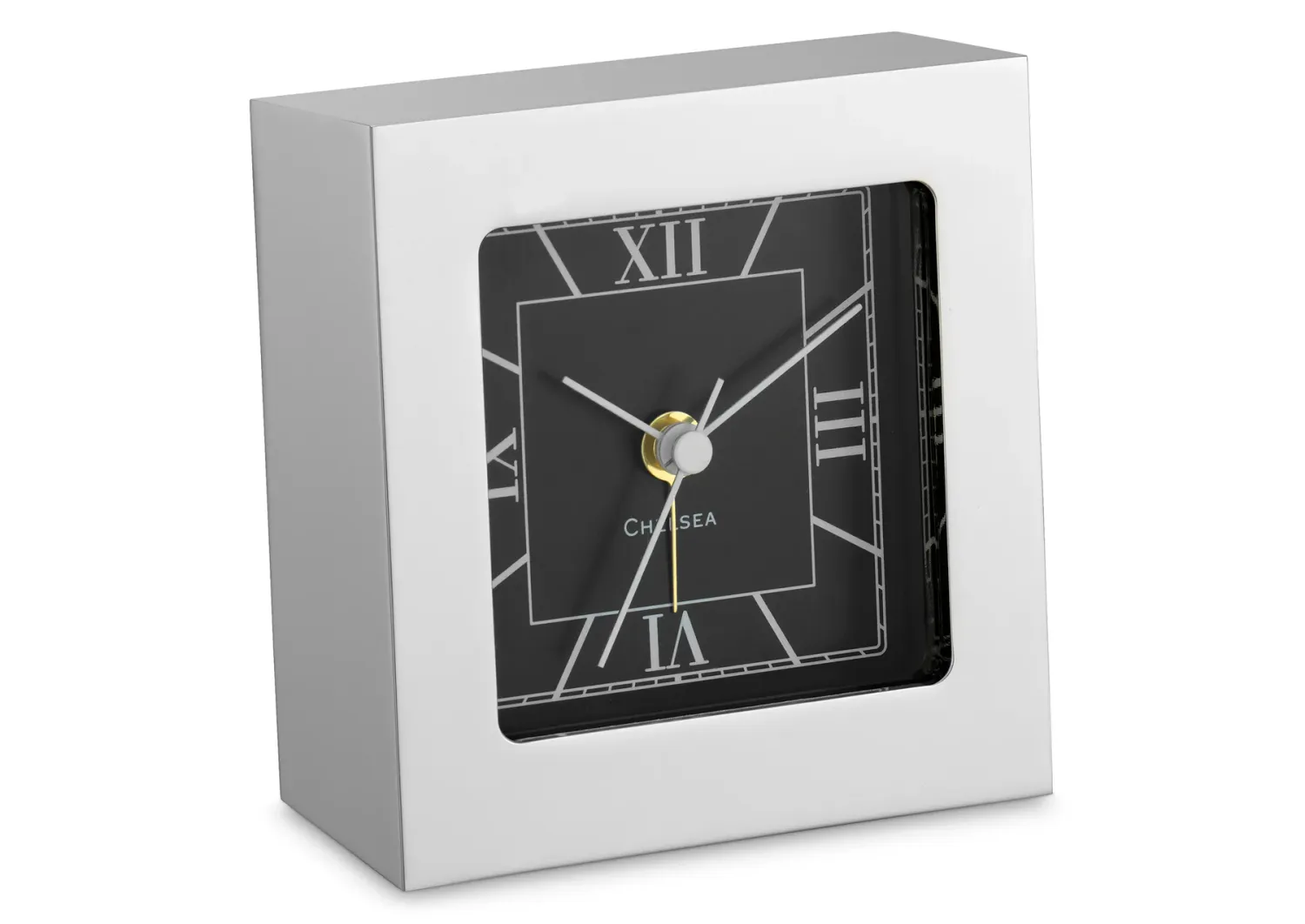 Square Desk Alarm Clock in Nickel with Glow-in-the-Dark Hands Square Desk Alarm Clock in Nickel with Glow-in-the-Dark Hands