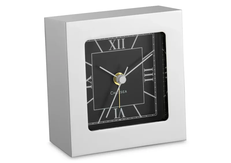 Square Desk Alarm Clock in Nickel with Glow-in-the-Dark Hands
