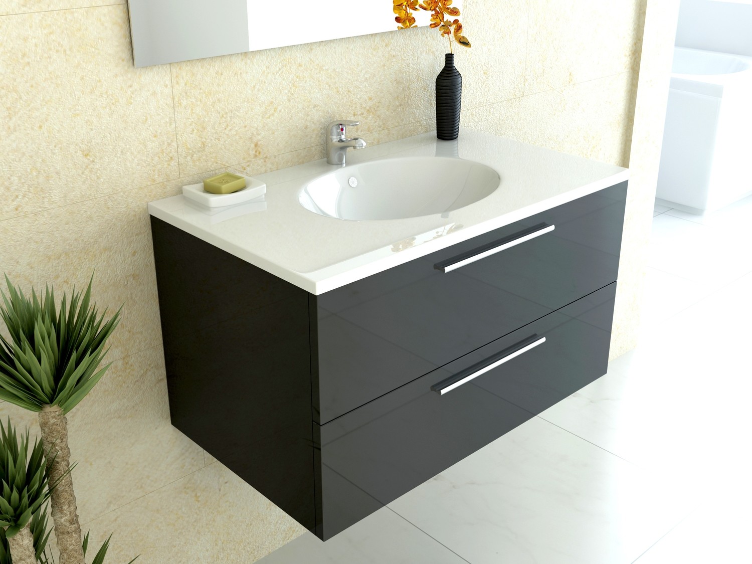 Tec Black Gloss Wall Hung Round 800mm Basin &amp; Vanity Unit