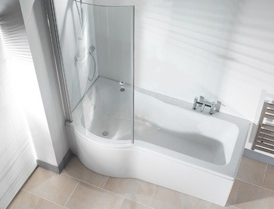 P Shape Shower Bath with 6mm Glass Screen and Panel