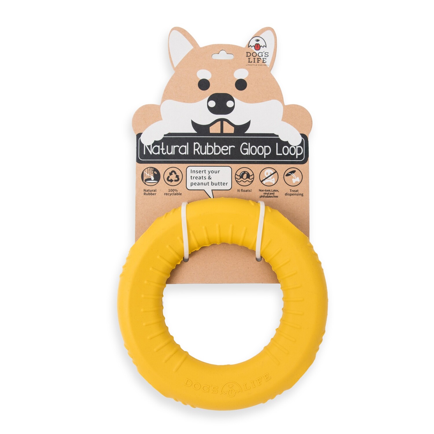 Dog&#39;s Life Natural Rubber Dog Toy Gloop Loop Yellow
