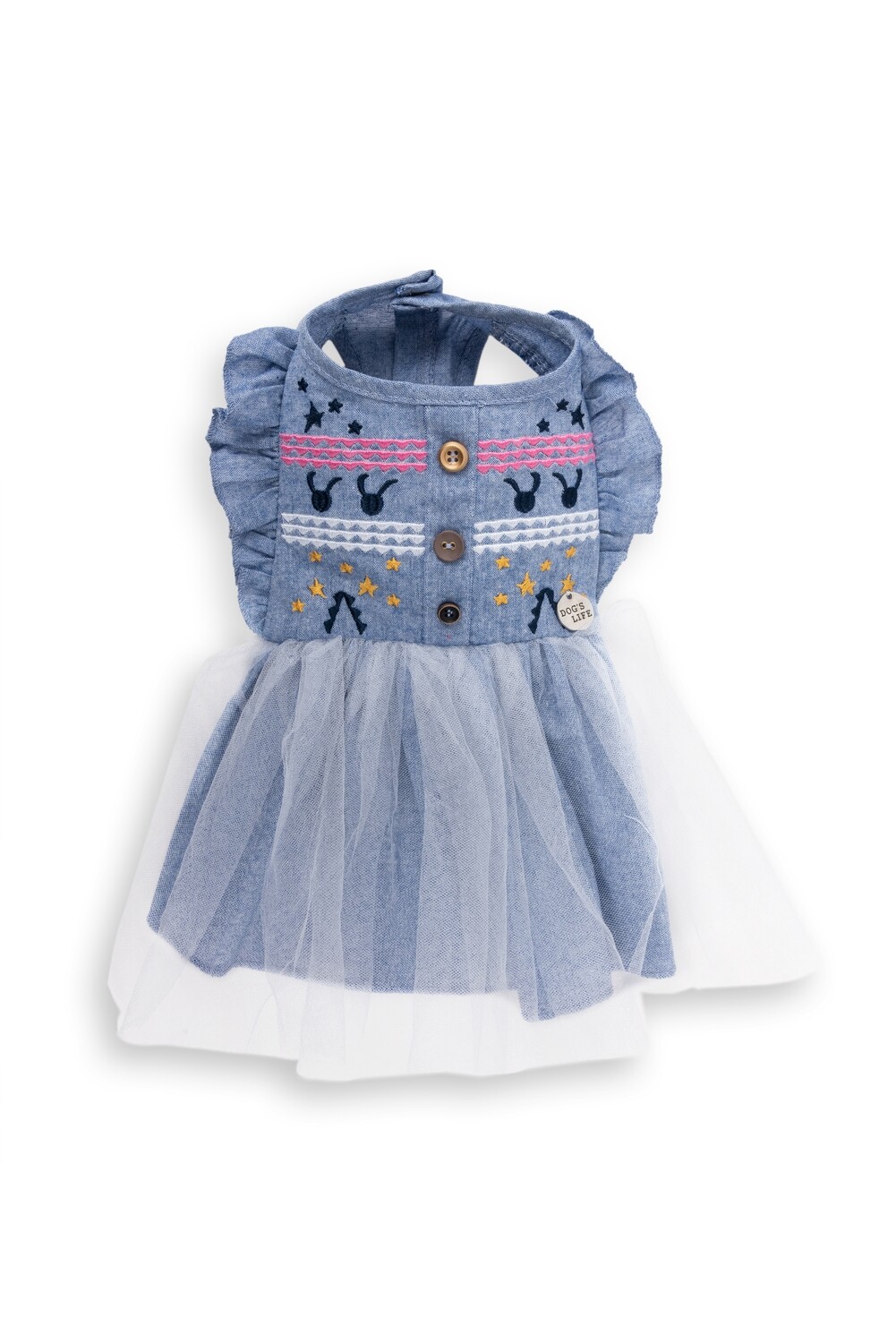 Embroidered Denim Dress Blue