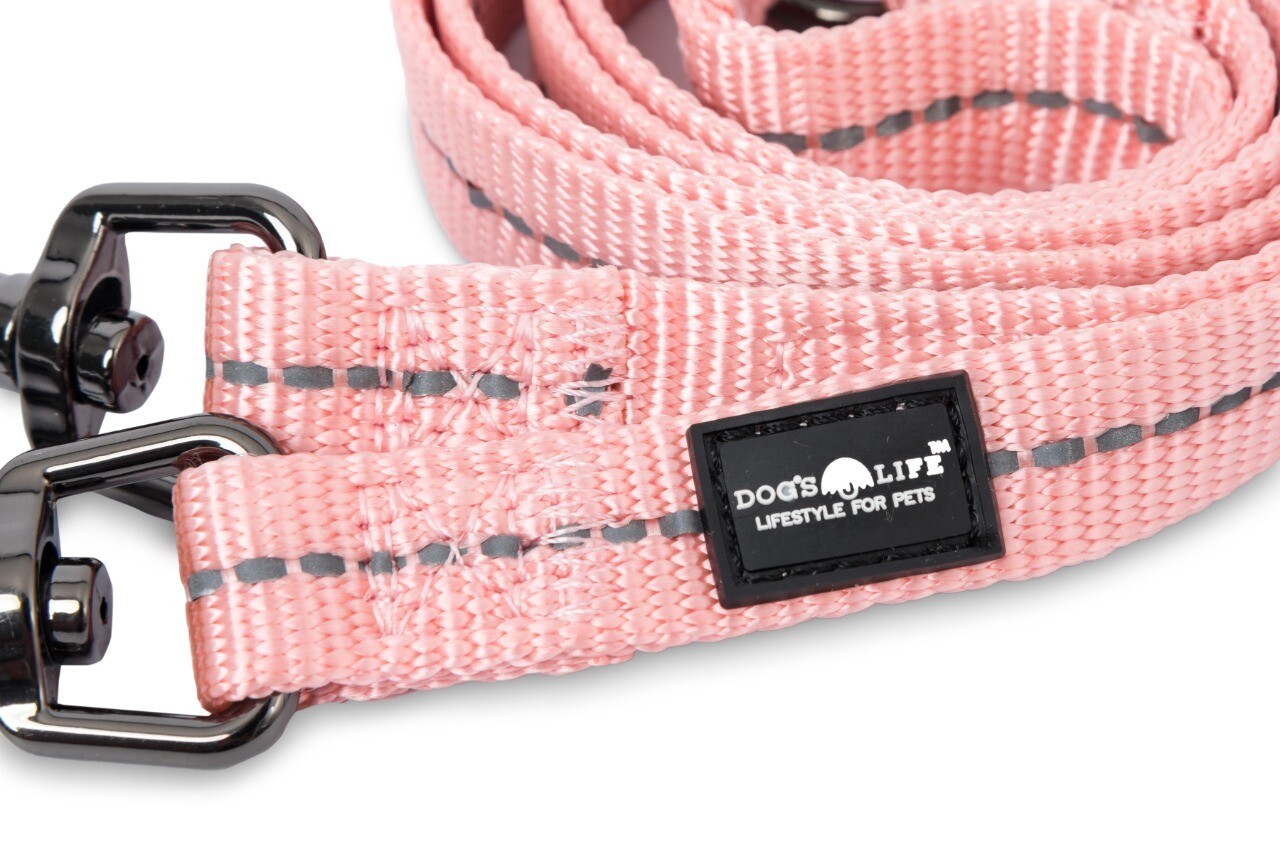 Reflective Supersoft Webbing Double Coupler Leash Coral Pink