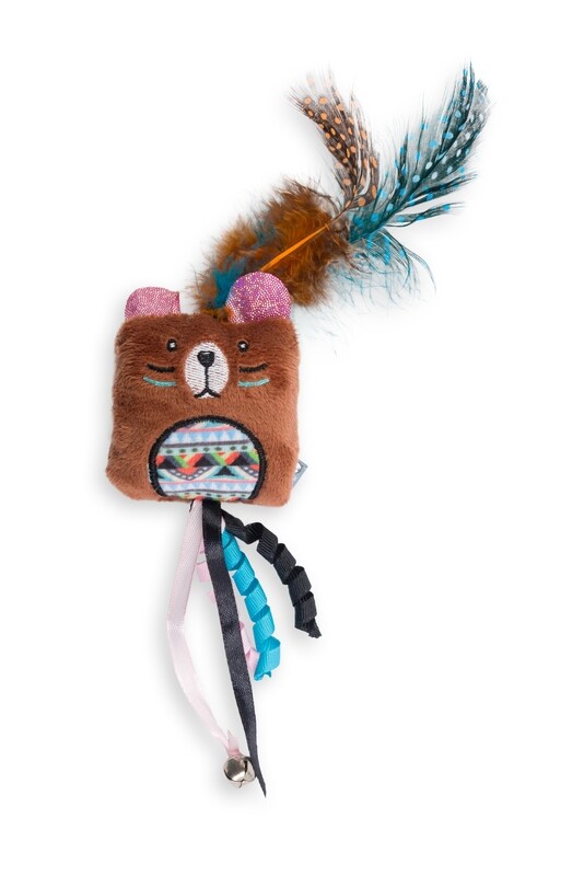 Indie Square Bear Cat Toy W/Feather 21cm
