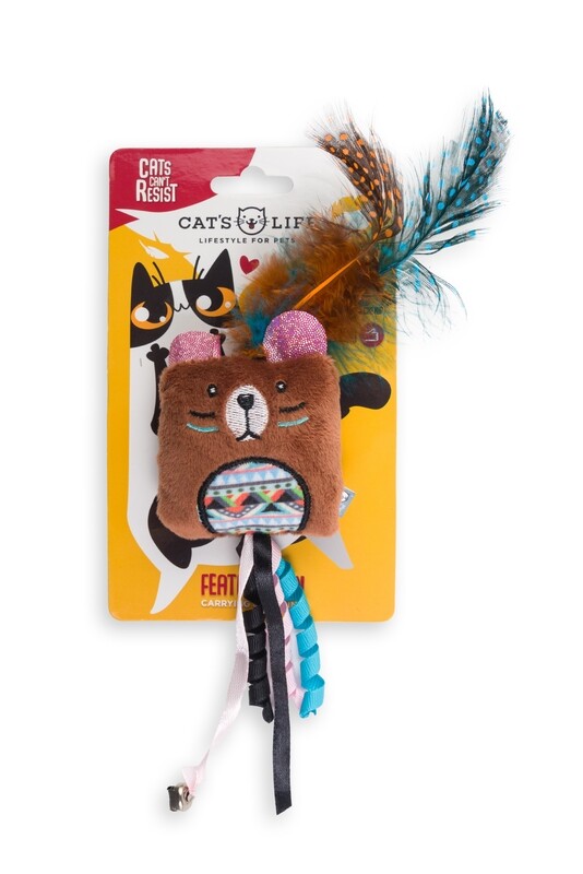 Indie Square Bear Cat Toy W/Feather 21cm