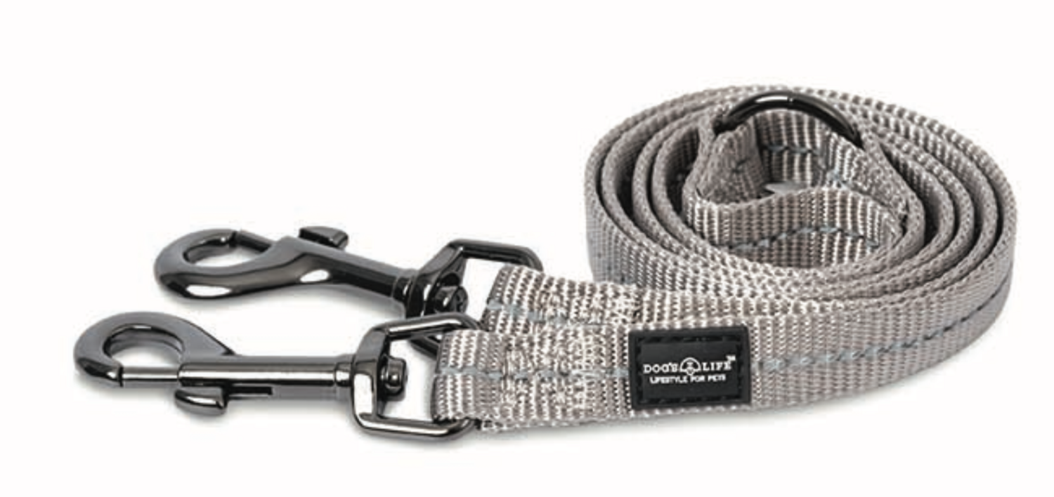 Reflective Supersoft Webbing Double Coupler Leash Grey