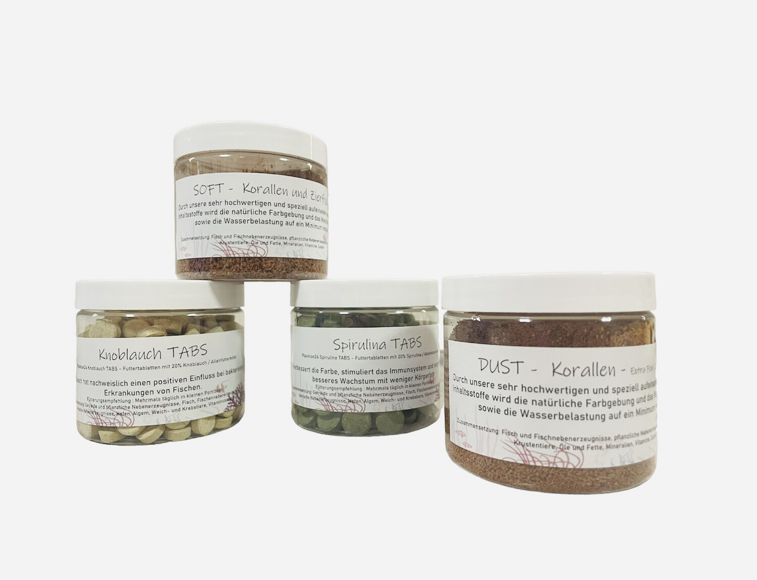 NEU - Plankton24 Futterset 4 x 200ml Spirulina &amp; Knoblauch TABS , Soft &amp; DUST Korallen &amp; Zierfische Alleinfuttermittel​